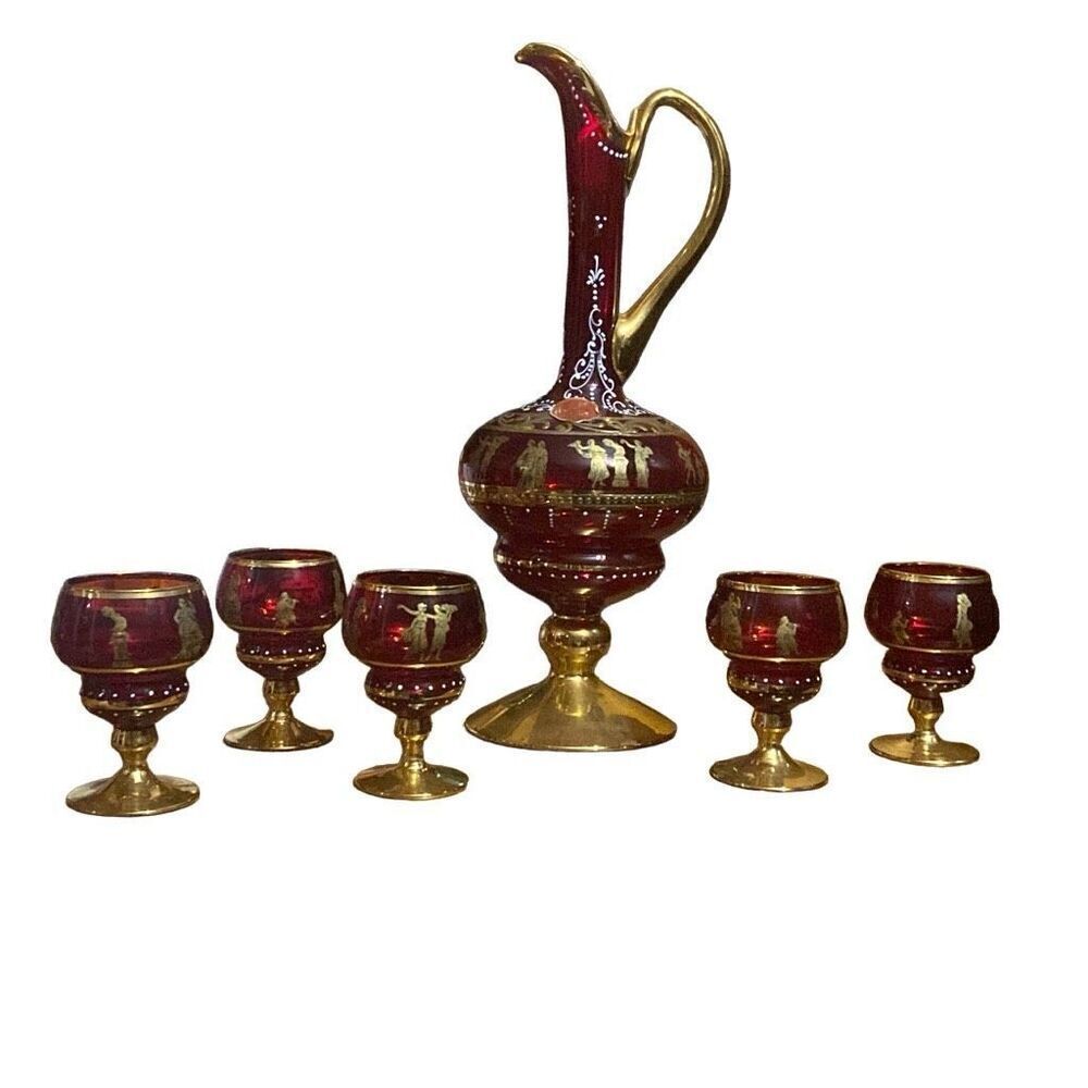 Vintage Ardalt Ruby Red Glass Aperitif Grecian Serving Set MCM bar regency vtg